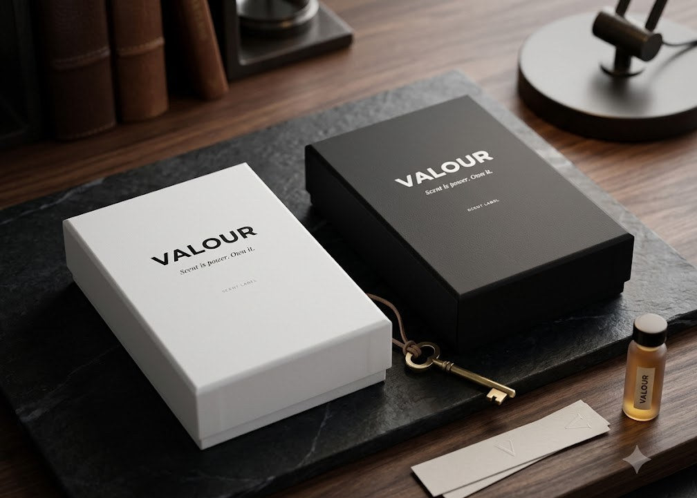 VALOUR white and black two-piece keepsake boxes with a brass key and a sample vial
