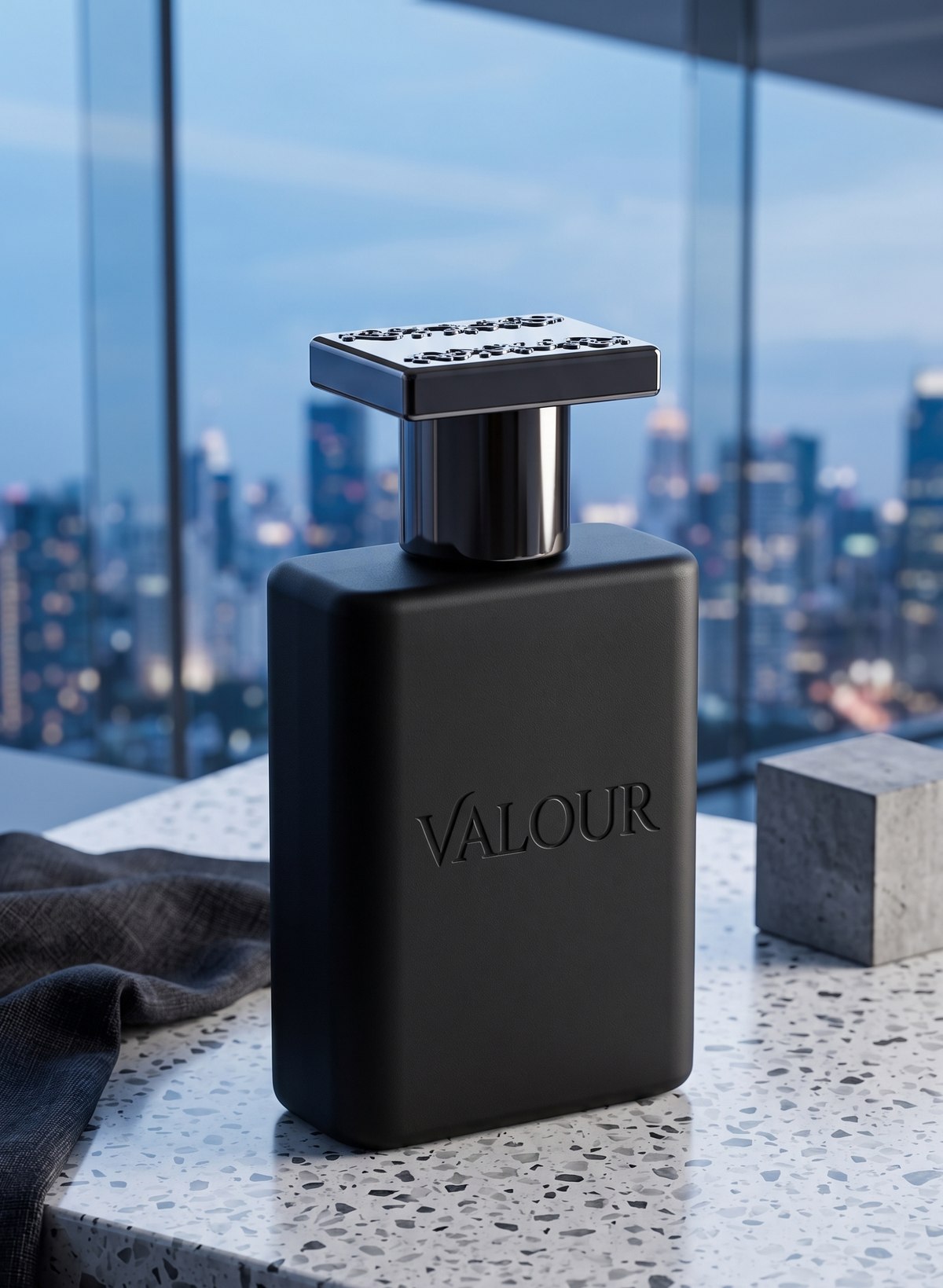 VALOUR matte-black 50ml for him, against a city skyline at dusk