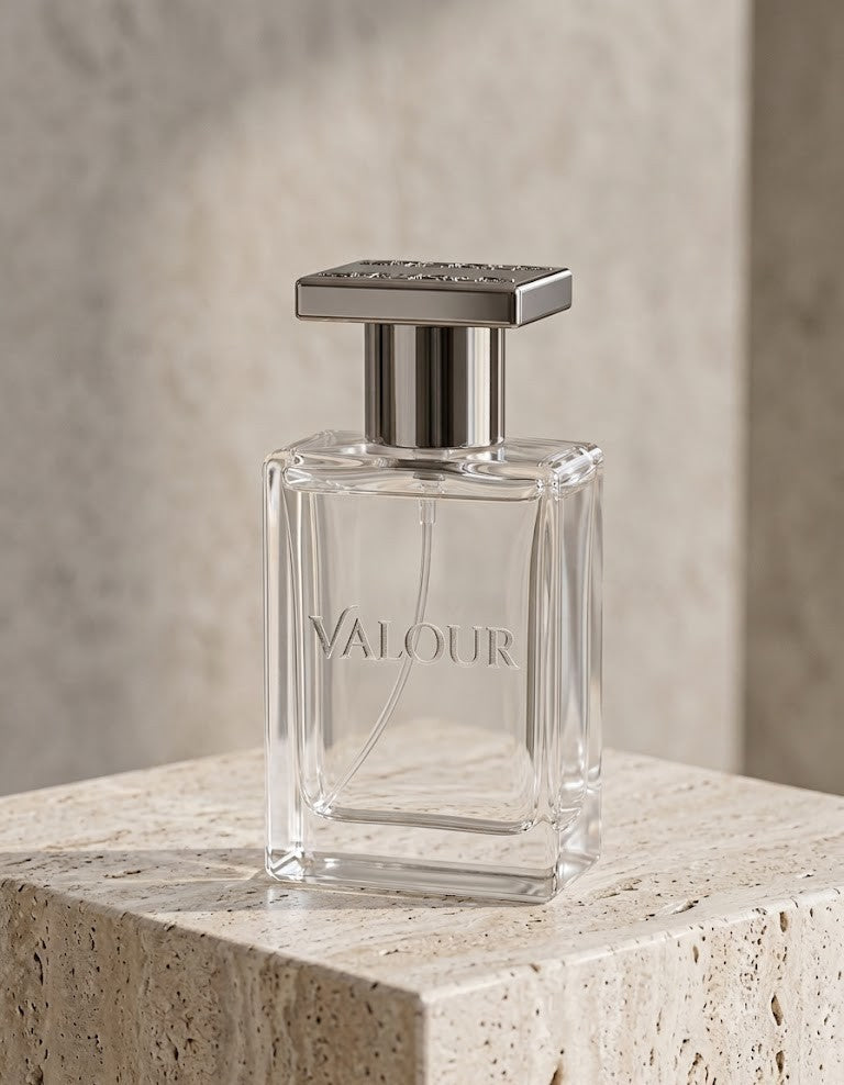 VALOUR clear 30ml for her, on a travertine plinth